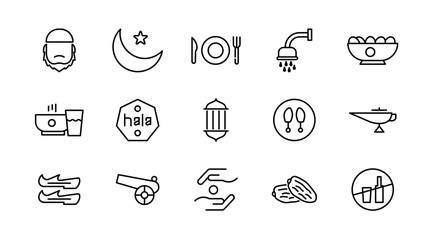 Islamic religion linear icon set. Islamic culture, muslim, islam, muslim calendar, lantern, mosque, prayer, crescent moon, Spiritual faith outline icon collection. UI thin vector icon