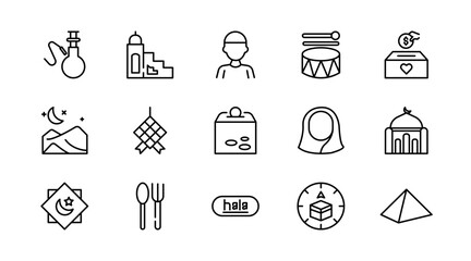 Islamic religion linear icon set. Islamic culture, muslim, islam, muslim calendar, lantern, mosque, prayer, crescent moon, Spiritual faith outline icon collection. UI thin vector icon