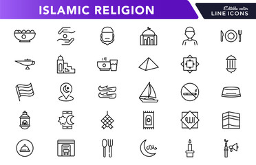 Islamic religion linear icon set. Islamic culture, muslim, islam, muslim calendar, lantern, mosque, prayer, crescent moon, Spiritual faith outline icon collection. UI thin vector icon pack
