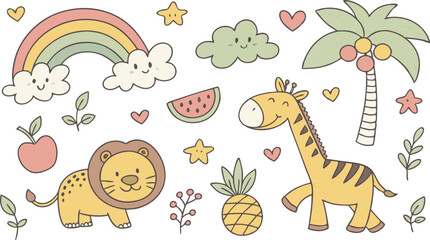 Hand drawn Baby design for textile, posters, cards. Cute Baby animals pattern. Fabric baby design. Vector illustration with cute animals. Nursery baby pattern illustration of a variety Animels.