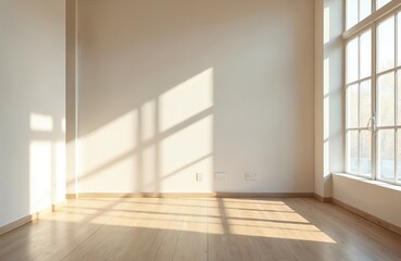 Fototapeta premium Modern bright empty room interior with large windows wooden flooring. Natural sunlight play shadows on white walls. Minimalist design, home decor. Airy, stylish space for real estate business.