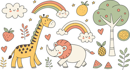 Hand drawn Baby design for textile, posters, cards. Cute Baby animals pattern. Fabric baby design. Vector illustration with cute animals. Nursery baby pattern illustration of a variety Animels.