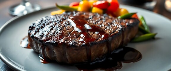 piece of steak on a plate with a side of vegetables