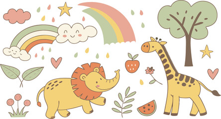 Hand drawn Baby design for textile, posters, cards. Cute Baby animals pattern. Fabric baby design. Vector illustration with cute animals. Nursery baby pattern illustration of a variety Animels.