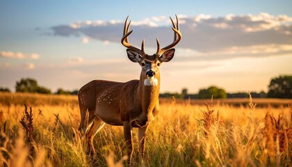 Fototapeta premium Whitetail Deer Buck standing in field 
