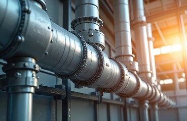 Industrial HVAC system with metal ductwork. Commercial building environment. Air conditioning pipes. Thermal regulation, ventilation, cooling, heating infrastructure. Energy efficiency, construction