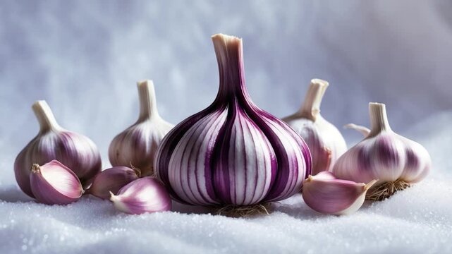Striking arrangement of fresh purple-striped garlic bulbs and cloves on a soft light background, showcasing textures and vibrant colors of this culinary staple.