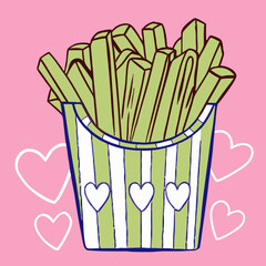 Cute Cartoon French Fries in Striped Container
