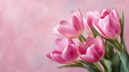 Fototapeta premium Romantic Tulips on Soft Pink with Copy Space