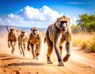 Baboons Running on Dusty Road with Blue Sky and White Clouds