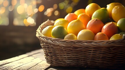 Naklejka premium Vibrant Fresh Citrus Fruits in Basket on Rustic Wooden Table