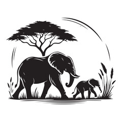 Mother and Baby Elephant in Savannah Scene Black Silhouette Wall Art Vector