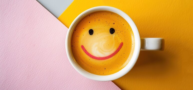 Close up of a coffee mug with a smiley face drawn in the foam. The mug is on a pink and yellow background.