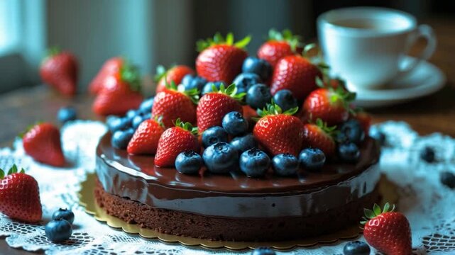 Decadent chocolate cake topped with vibrant strawberries and blueberries, elegantly displayed on a lace doily with a cup of coffee in the background, creating a rustic, inviting atmosphere.