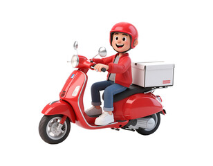 Cartoon delivery boy on red scooter isolated on transparent background