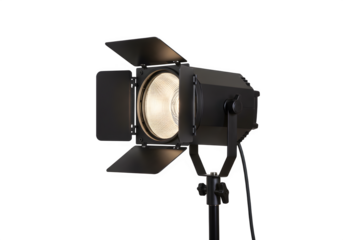Focused spotlight with lens diffuser, attached to adjustable stand, ideal for theatrical or cinematic lighting, isolated on white or transparent background. PNG