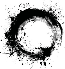 Black ink circular brushstroke with splatters, zen design. Vector illustration