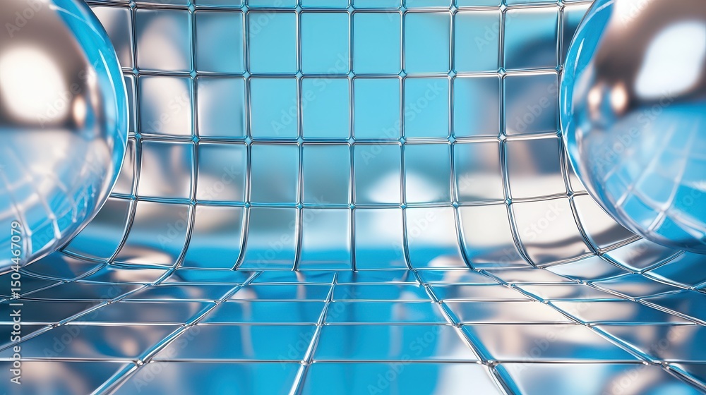 Poster shiny metallic surface reflecting light in a wireframe environment demonstration for visual effects