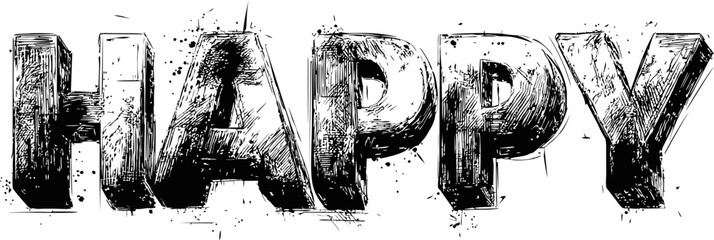 Sketch styled black and white 'happy' typography illustration. Vector illustration