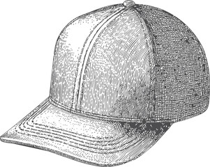 Intricate sketch of a classic baseball cap in grayscale with detailed shading. Vector illustration