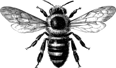 Detailed black and white illustration of a realistic bee with open wings. Vector illustration