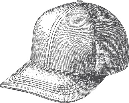 Intricate sketch of a classic baseball cap in grayscale with detailed shading. Vector illustration