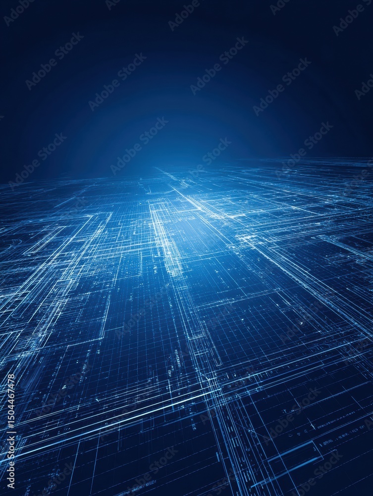 Poster blueprint background with glowing lines displaying technological elements in a dynamic layout