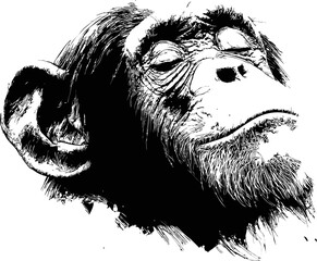Chimpanzee face detailed black and white sketch with a peaceful expression. Vector illustration