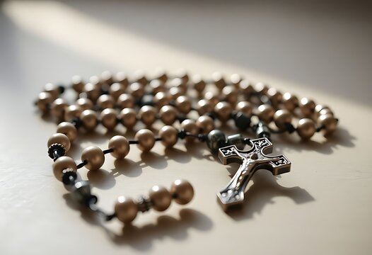 close up of a rosary with a cross on it