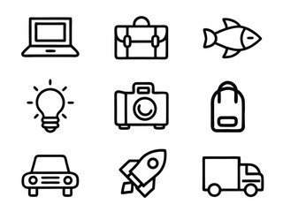 Line icons set vector design laptop briefcase fish lightbulb camera car truck