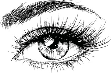 Obraz premium Detailed black and white sketch of an eye with long eyelashes. Vector illustration