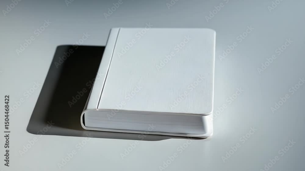 Poster minimalist white hardcover notebook with smooth texture and subtle shadows on a light gray surface, 