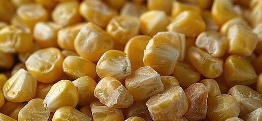 Close up macro shot of fresh yellow corn kernels. Food background or texture.