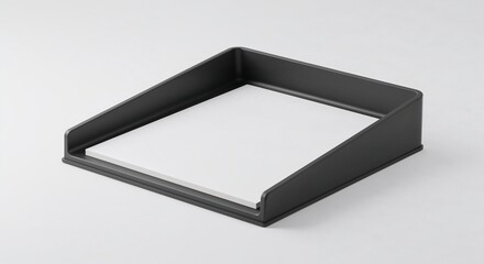 Black document tray organizer with blank paper inside  