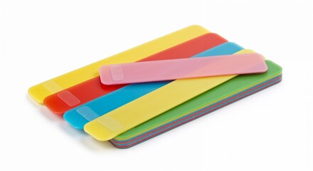 Colorful plastic index tabs arranged in a stack on a white background  