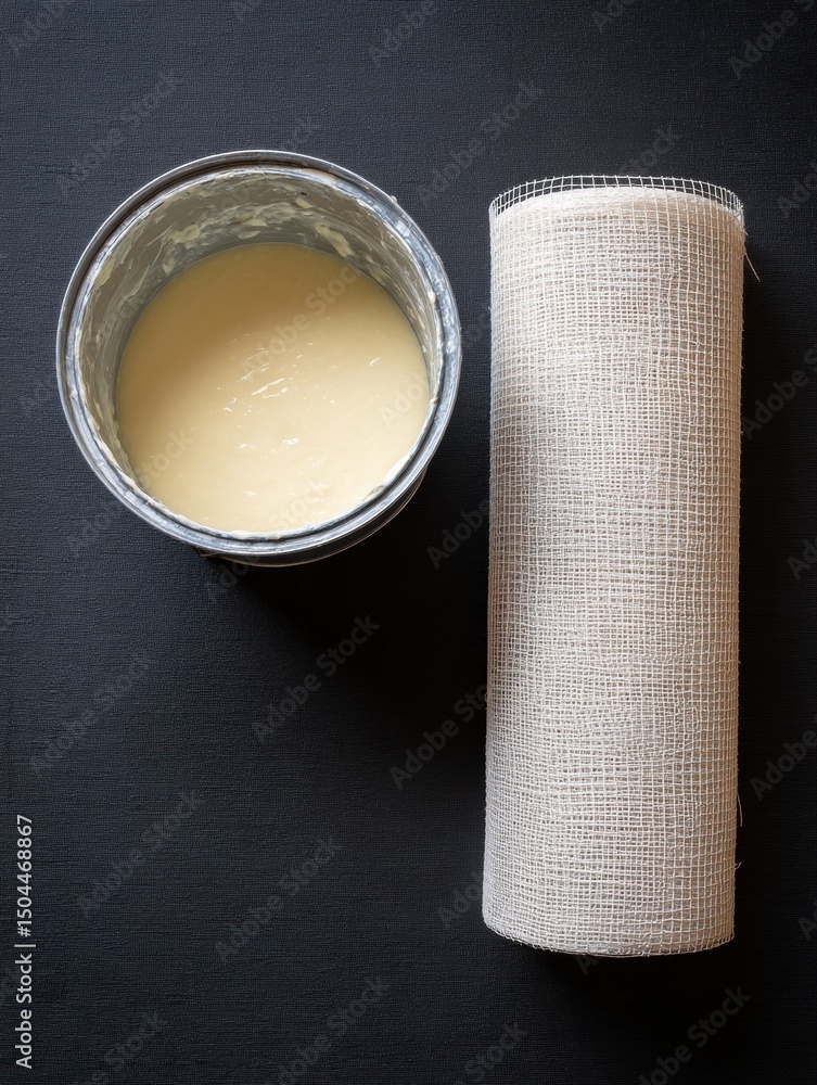 Aufkleber Fiberglass Mesh Roll and Bucket of Glue Arranged Neatly for Construction or Craft Projects, Showcasing Materials Ready for Use in Various Applications