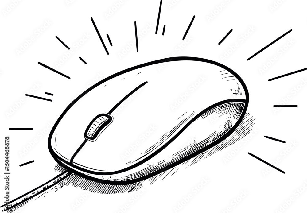 Poster black and white illustration of a computer mouse with dynamic lines of motion. vector illustration