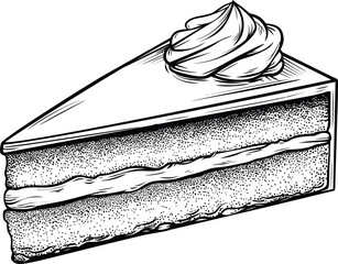 Black and white illustration of cake slice with frosting topping drawn. Vector illustration