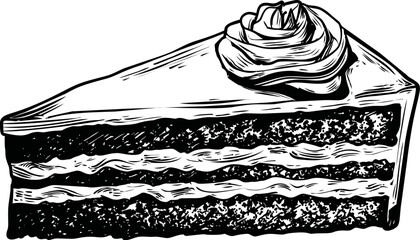 Black and white illustration of a cake slice with frosting and a rose. Vector illustration