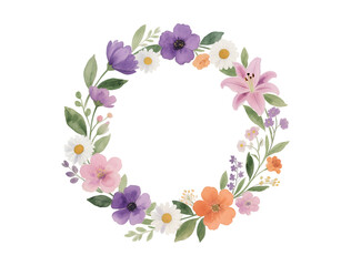 Watercolor floral wreath frame isolated on transparent background
