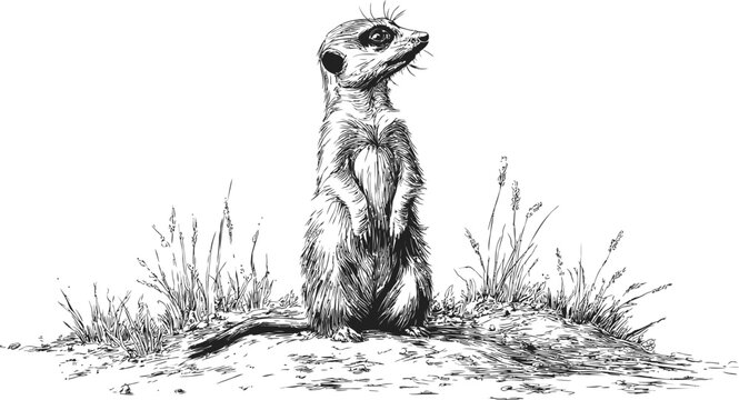 Illustration of a standing meerkat on a mound with grasses in black and white. Vector illustration