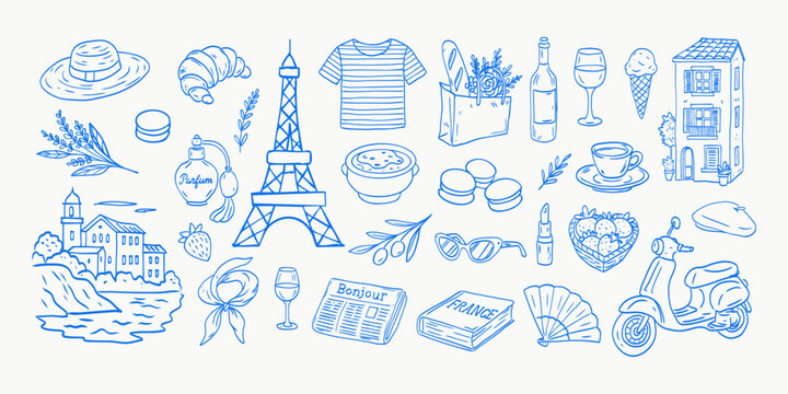 A blue and white drawing of various food and drink items, including a bottle of wine, a cup, a bowl, a spoon, a fork, a knife, a banana, a strawberry, a cupcake, a donut, a cake