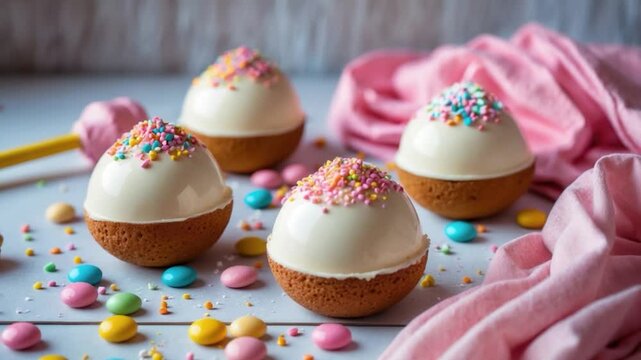 Delightful dessert scene featuring four half-sphere cakes topped with white icing and colorful sprinkles, surrounded by pastel candies and a soft pink fabric backdrop.
