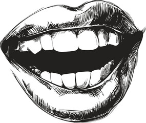 Black and white sketch of an open mouth with smiling lips, expressive illustration. Vector illustration