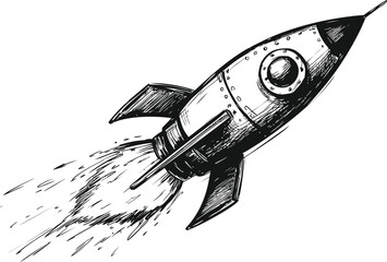 Black and white sketch of a vintage rocket flying through space. Vector illustration