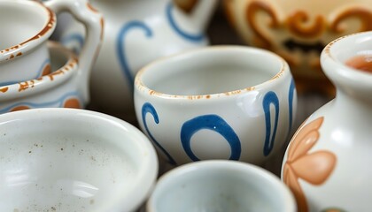 group of white and blue vases sitting on top of a table