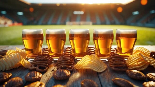 Glasses of beer arranged on a wooden table surrounded by a variety of snacks like potato chips and cookies, with a blurred sports stadium and warm sunset in the background.