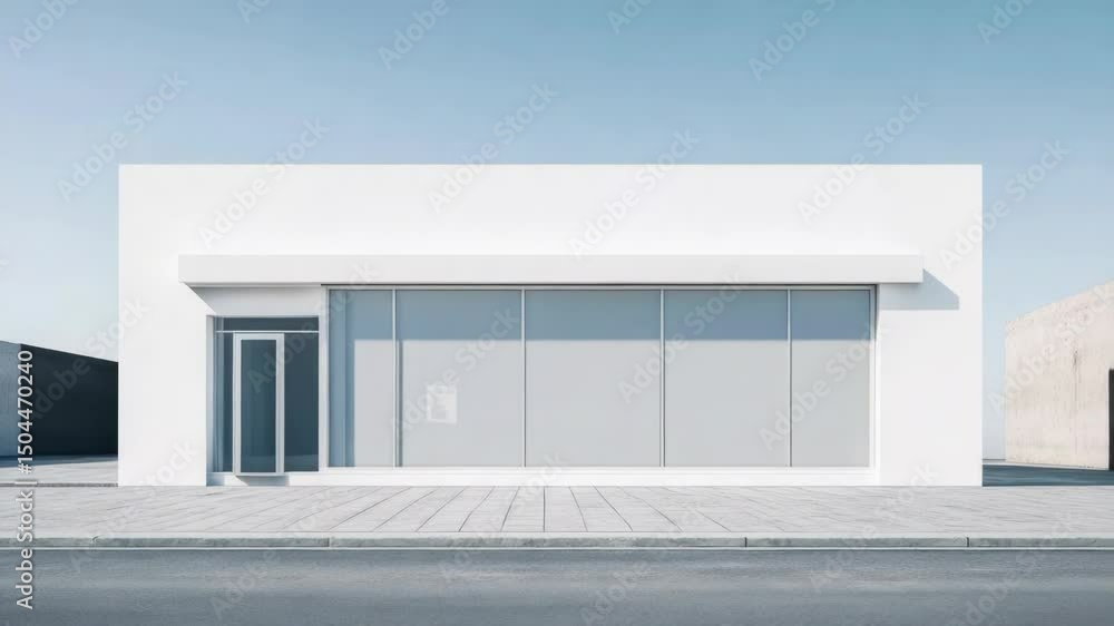 Poster modern architecture features a white building with a glass door and windows, suitable for office or 