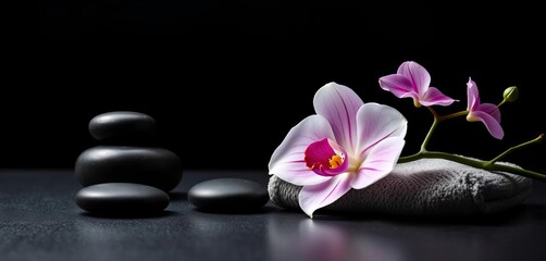 Dark background, spa towel, smooth stones, orchid flower, minimalist vector illustration, spa,  serenity