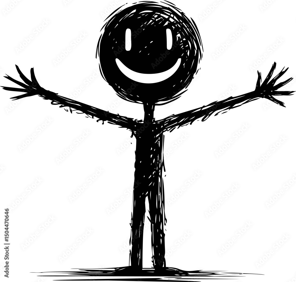 Poster scribbled stick figure with open arms and smiling face. vector illustration